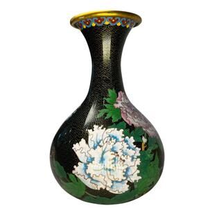 Vintage Chinese Black Cloisonne Vase 10 1/4” with Butterflies, Peonies